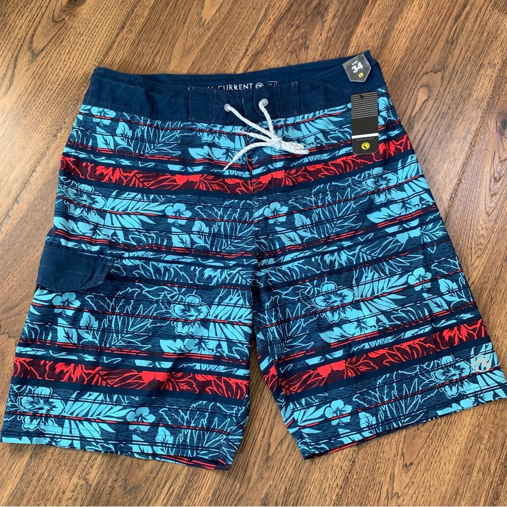 Ocean Current Mens Size 34 Surf Board Shorts 9” Blue Red Hawaiian Floral Print